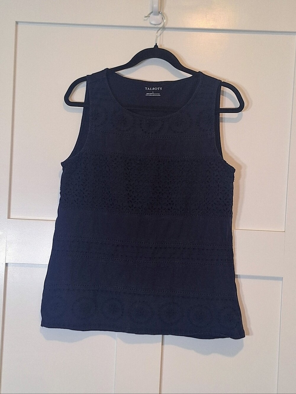 Talbots Lace Overlay Tank Top 100% Cotton Navy Blue Size Large